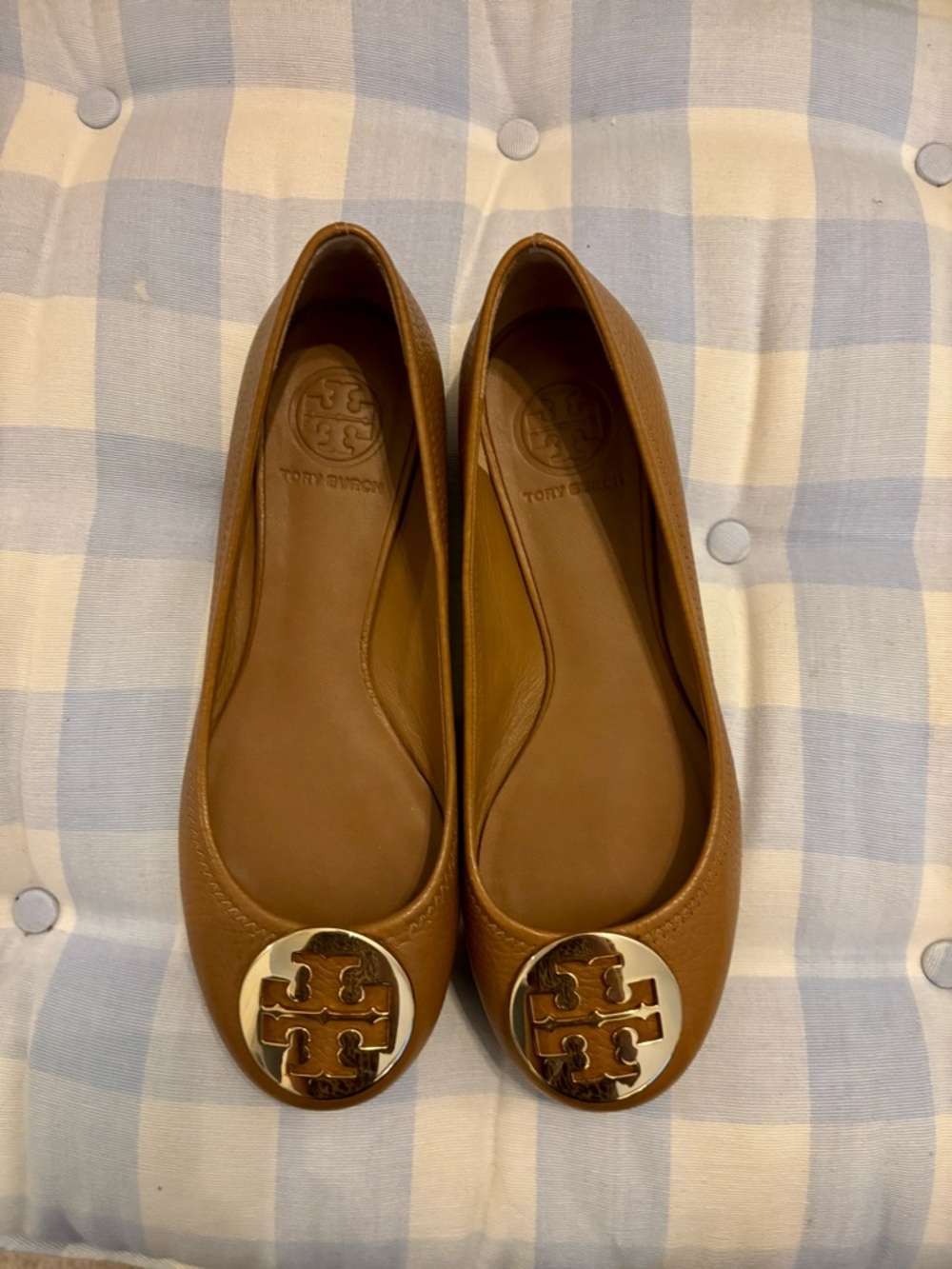 Tory Burch Cognac Leather Logo Cap-Toe Flats